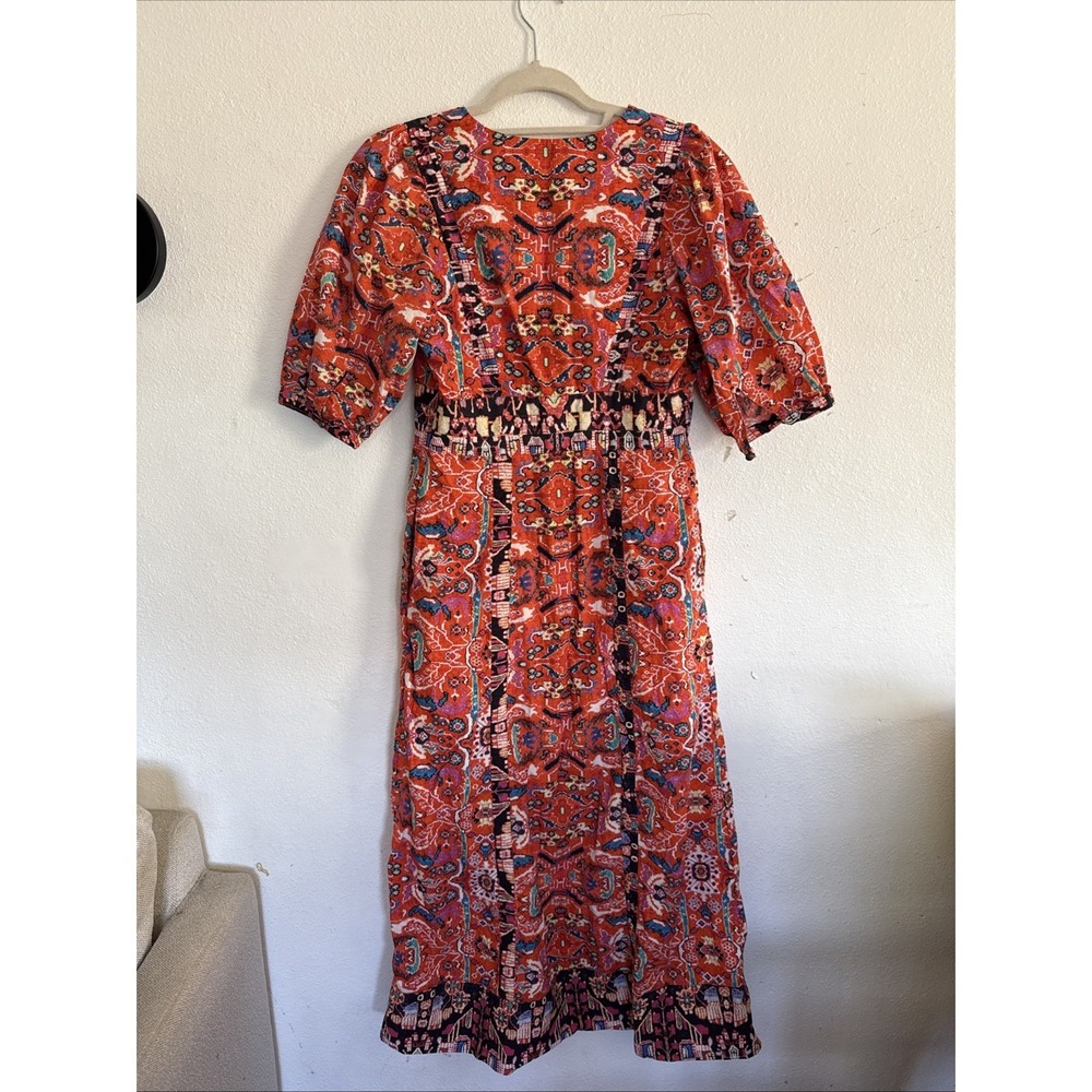 Anthropologie Paisley Midi Dress Womens 6 Orange Red Boho Puff Sleeve Side Slit - Picture 5 of 10